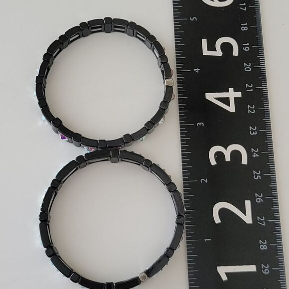Bracelets Black Crystal Aurora Borealis Stretch Bracelets Set of 2 #0036 - Picture 8 of 13